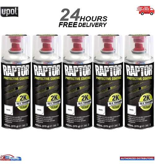 5 X UPOL RAPTOR 2K TOUGH BED LINER U-POL PROTECTOR 400ML AEROSOL - WHITE